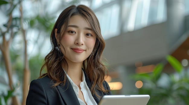 Portrait of a Young Empowered Japanese Female Business Manager Working on a Tablet Computer in a Modern Office Building Confident Asian Specialist Looking Up Documents Online And Smiling In the Hall