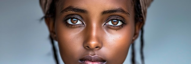 Foto ritratto di una giovane donna etiope con uno sfondo chiaro dello spazio di copia