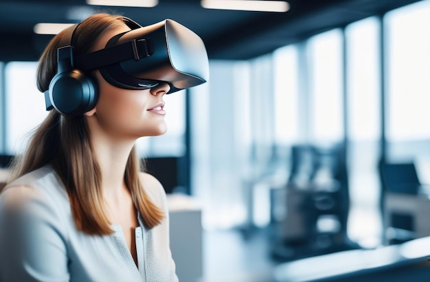 Photo portrait of young european woman wearing virtual reality glasses in office interior