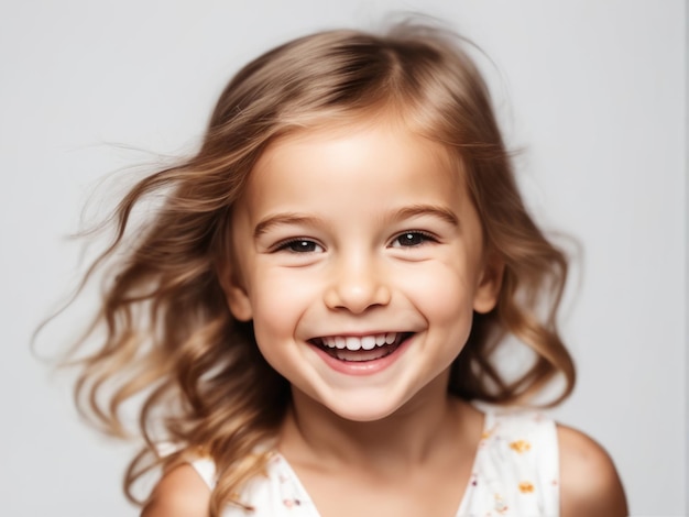 Portrait of young excited laughing smiling girl child kid on white studio background