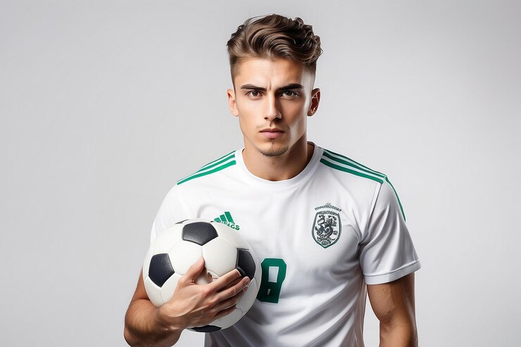 白いスタジオの上で孤立してポーズをとっている若い表現的な男性サッカー選手の肖像画