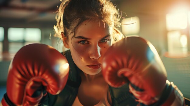 Photo portrait of a young female boxer with red gloves she is looking at the camera with a determined expression