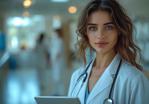 Portrait of young female doctor using tablet computer in hospital corridor