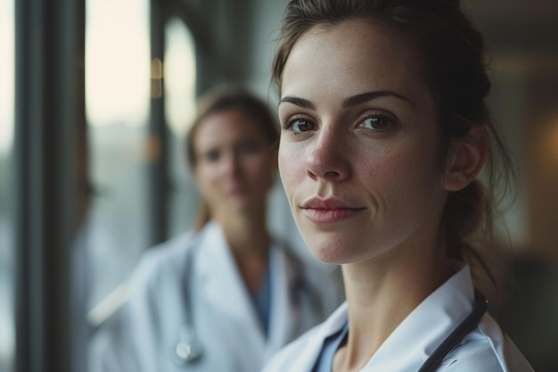 Portrait of young female doctor with intern