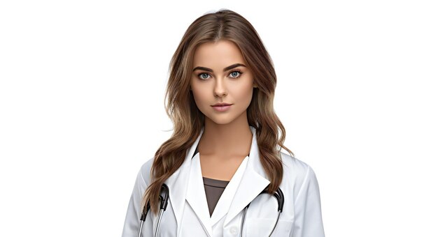 Portrait of young female doctor with stethoscope isolated on white background