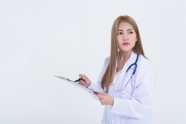 Portrait of young Female doctor with stethoscope on white backgroundAsian womanThailand peopleShe holding file in hand