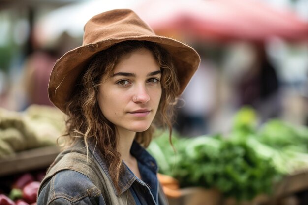 Portrait of a young female farmer at the market created with generative ai