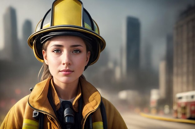 Portrait of a young female firefighter in uniform against the backdrop of the city AI generated