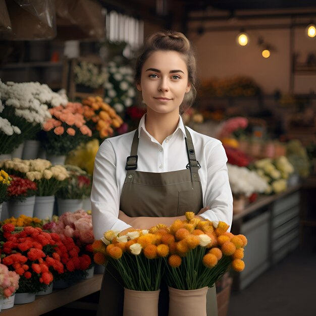 Portrait of young female florist in apron with bouquet of flowers