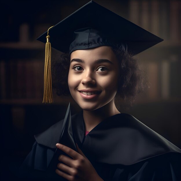 Portrait of a young female graduate in cap and gown holding diploma