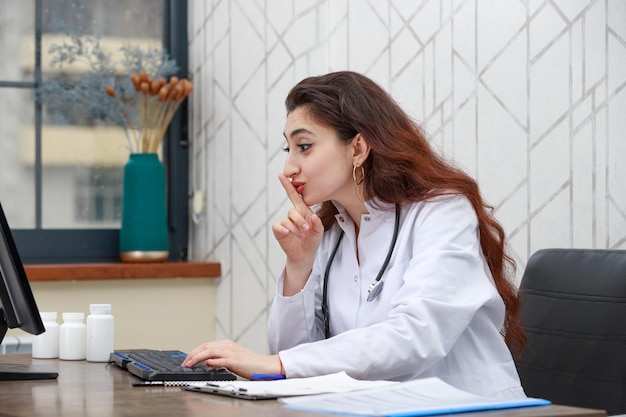 Portrait of young female health care worker talking on video call and gesture silent
