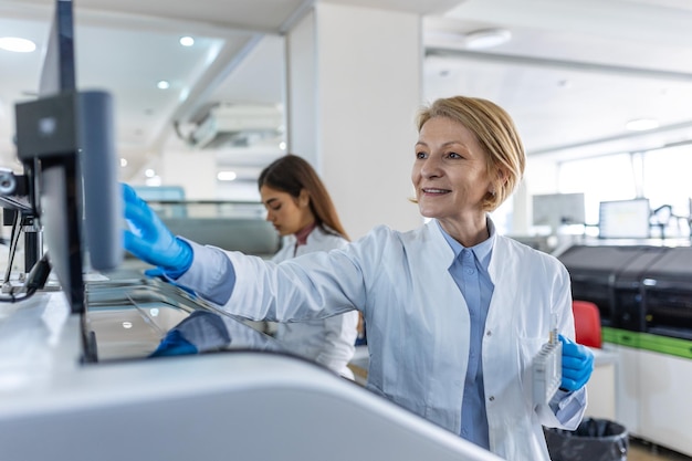 Portrait of a young female laboratory assistant making analysis with test tubes and analyzer machines sitting at the modern laboratory