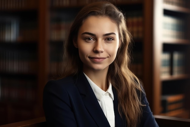 Portrait of a young female lawyer or attorney working in the office smiling and looking at the camer