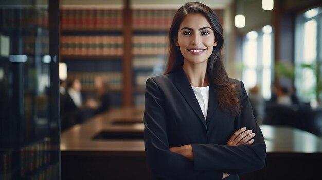 Foto ritratto di una giovane avvocata sorridente e felice nel suo posto di lavoro in ufficio avvocato tecnologo e professionista faccia avvocato e consulente legale in uno studio legale