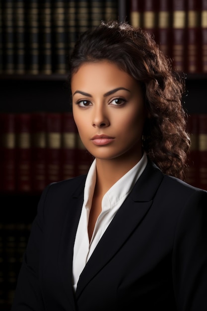 Photo portrait of a young female lawyer in a suit standing in a library