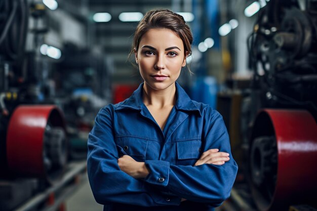 Photo portrait of young female mechanic standing with crossed arms in factory