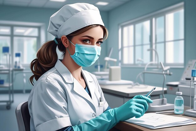 Portrait of a young female nurse wearing a mask and gloves while working in a hospital
