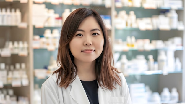 Portrait of a young female pharmacist with the shelves of medicines behind her out of focus Pills