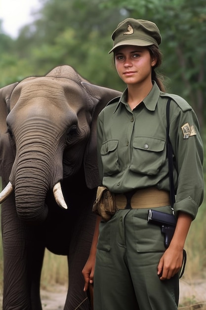 Portrait of a young female ranger standing in front of an elephant created with generative ai