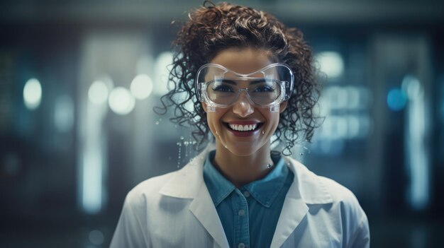 Portrait of a young female scientist against the backdrop of a modern laboratory