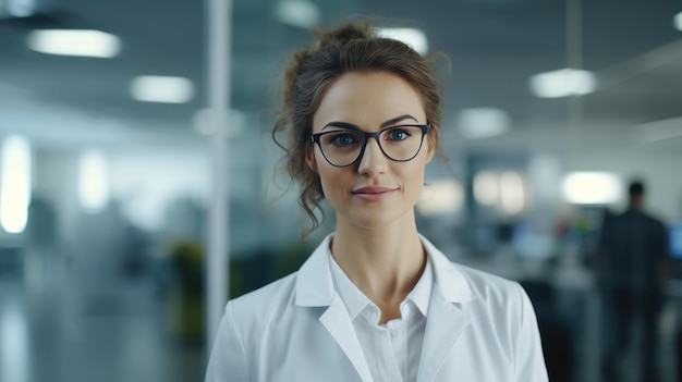 Portrait of a young female scientist against the backdrop of a modern laboratory