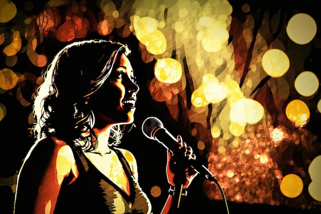 Portrait of young female singer on stage singing surrounded by lights on a dark background Color image Generative AI