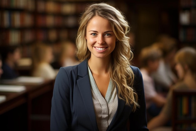 Portrait of young female student or teacher near books in the library