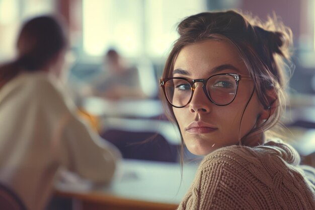 Foto ritratto di una giovane studentessa che indossa gli occhiali in una classe durante una lezione