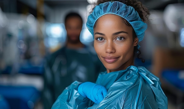 Portrait of young female surgeon standing in hospital corridor and looking at the camera