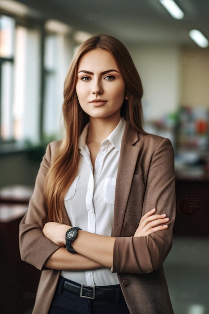 Portrait of a young female teacher standing in an elementary school created with generative ai