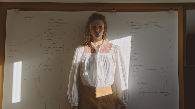 Portrait of a young female teacher standing in front of a flipchart