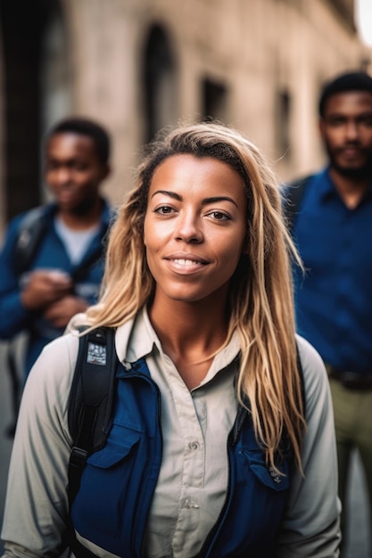 Portrait of a young female tour guide standing outside with her clients created with generative ai