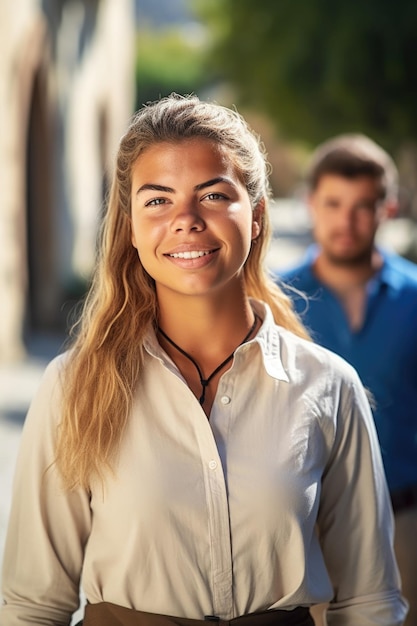 Portrait of a young female tour guide standing outside with her clients created with generative ai