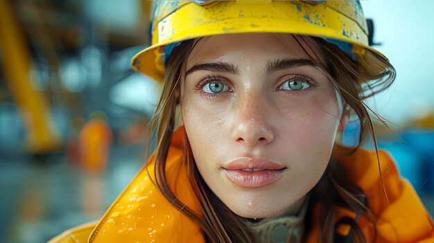 Portrait of a young female worker in a hard hat and yellow jacket