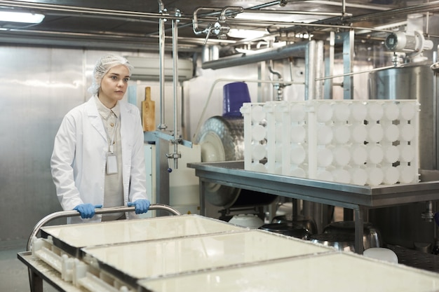 Портрет молодой женщины-работницы, толкающей тележку с сырым сыром в мастерской на пищевой фабрике, копией пространства