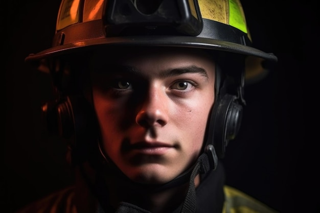 Portrait of a young firefighter wearing his gear created with generative ai