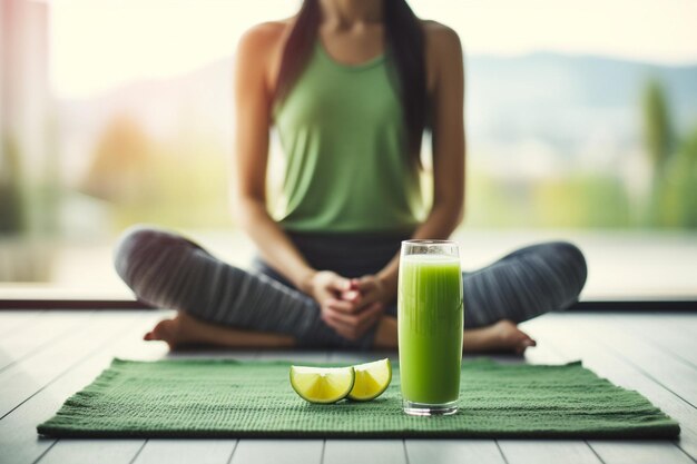 Photo portrait of young fitness woman with headphones drinking orange juice in kitchen and using