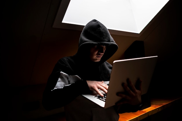 Portrait of young geek in hood in dark room with laptop