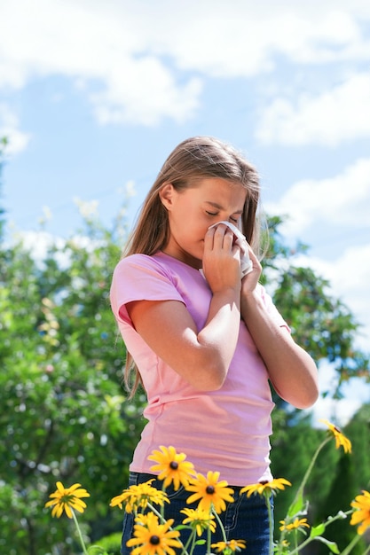 Photo portrait of a young girl allergic to pollen