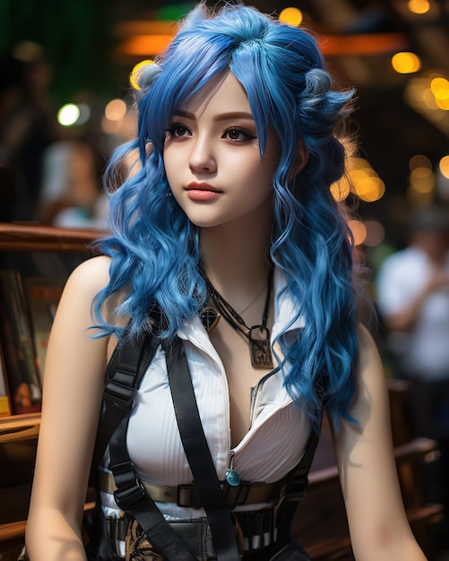 Portrait of a young girl cosplaying a character with a pretty face blue hair and big eyes