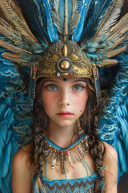 Портрет молодой девушки в изысканном голубом перьевом головном уборе и племенном макияже, пристально смотрящей на