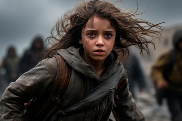 a portrait of a young girl fleeing a war zone with a destroyed city behind AI generative