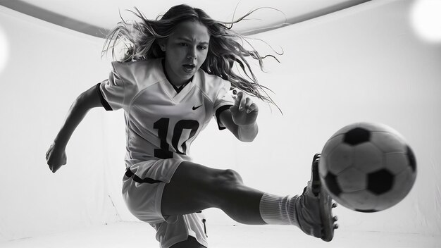 Foto ritratto di una giovane giocatrice di calcio in allenamento di movimento isolata su uno sfondo bianco dello studio