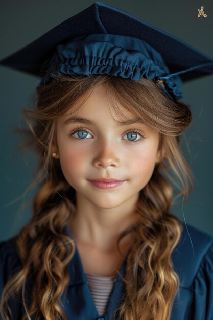 Photo portrait of a young girl in graduation gown and cap with a focused expression