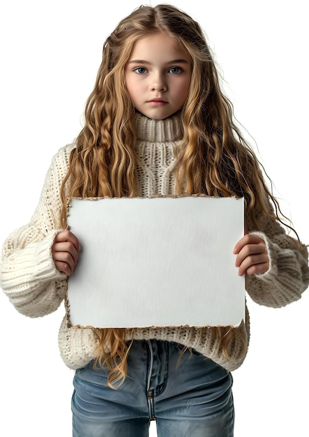 広告やアナウンスに最適な、メッセージの準備ができた空白の看板を持つ若い女の子のポートレート AI