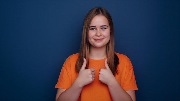 Photo portrait of a young girl in an orange tshirt on a blue background