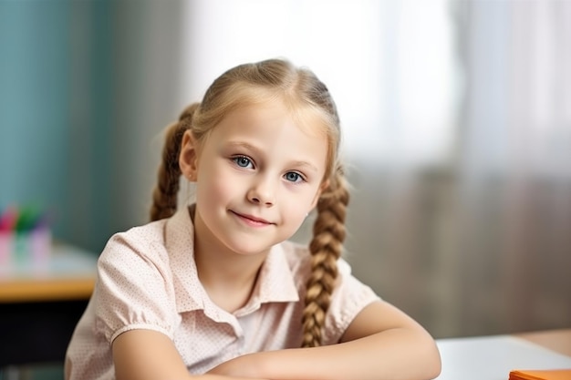 Portrait of a young girl sitting in class at school created with generative ai