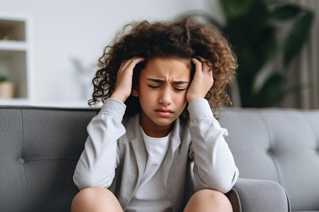 portrait of a young girl sitting on the couch at home with a headache and back pain with white backg