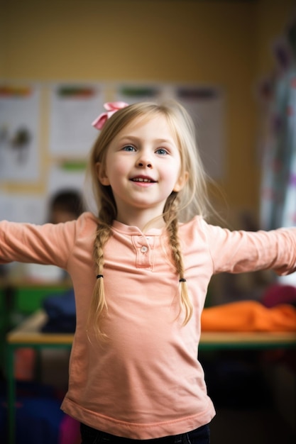 Photo portrait of a young girl standing with her arms outstretched in a classroom