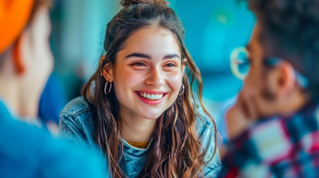 Portrait of a young girl talking with her friends studying school classroom